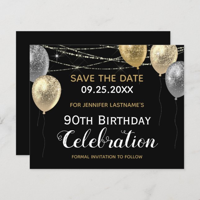Gold Glitzer Balloons 90. Geburtstag Save the Date (Vorne/Hinten)