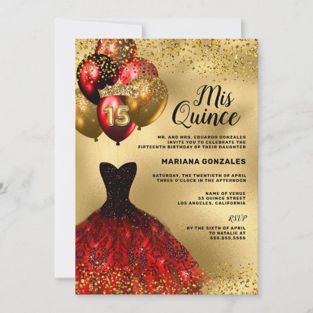 Gold Glitzer Balloons Burgundkleid Quinceanera Einladung (Vorderseite)