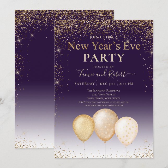 Gold Glitzer Balloons Lila Silvester Party Einladung (Vorne/Hinten)