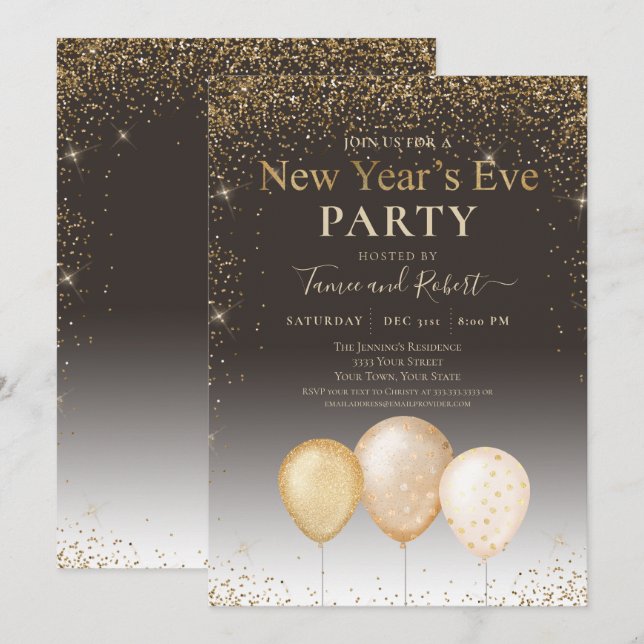 Gold Glitzer Balloons Taupe Silvester Party Einladung (Vorne/Hinten)
