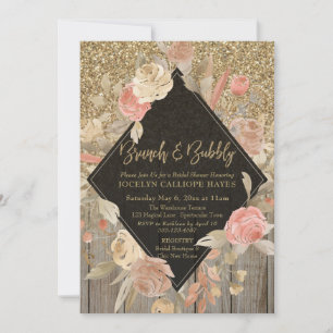 Gold Glitzer Barn Wood Floral Brunch & Bubble Einladung