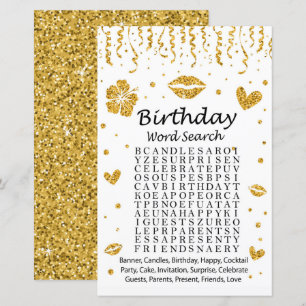 Gold Glitzer Birthday Word Search Game