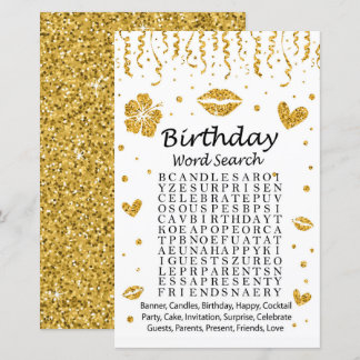 Gold Glitzer Birthday Word Search Game
