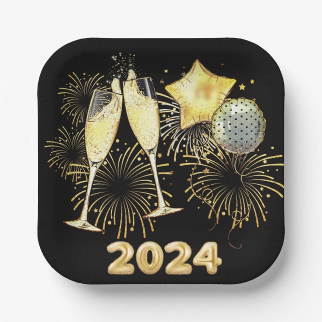 Gold Glitzer Black 202 New Year's Eve Party Pappteller (Vorderseite)