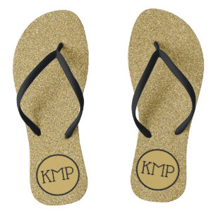 Gold Glitzer Black and Gold Monogram Flip Flops