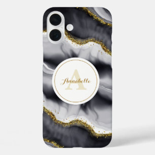 Gold Glitzer Black Monogram iPhone 16 Plus Hülle