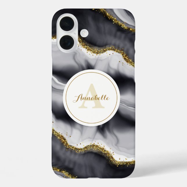 Gold Glitzer Black Monogram iPhone 16 Plus Hülle (Rückseite)