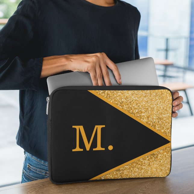 Gold Glitzer Black Monogram Laptopschutzhülle (Von Creator hochgeladen)