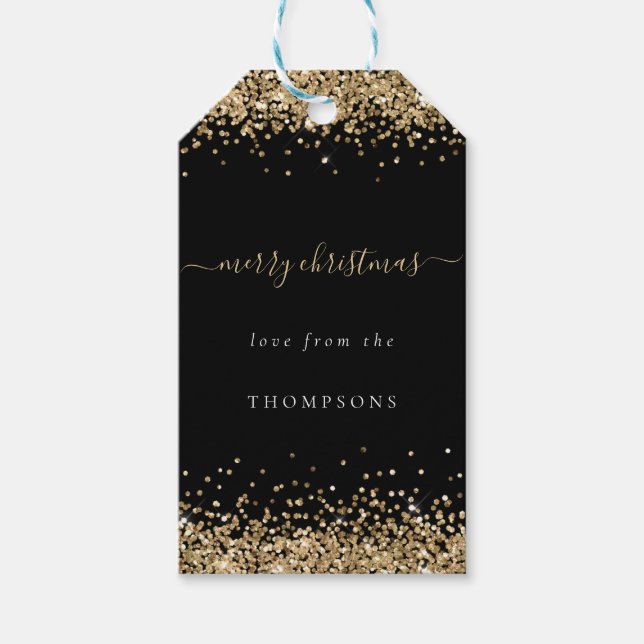 Gold Glitzer Black Name Frohe Weihnachten Geschenkanhänger (Vorderseite)