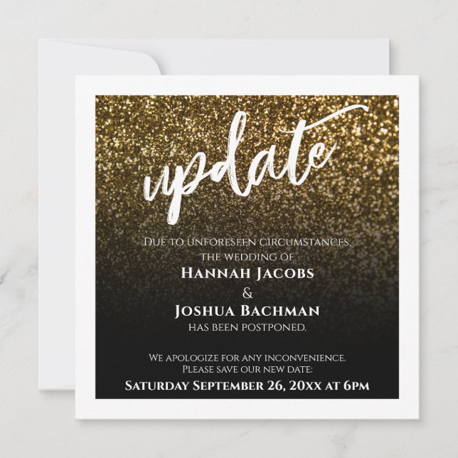 Gold Glitzer & Black Postponed Wedding Update Card Einladung (Vorderseite)