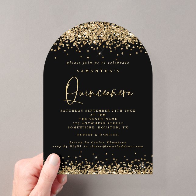 Gold Glitzer Black Quinceanera Geburtstagsparty Acryleinladungen (Insitu (Handheld))