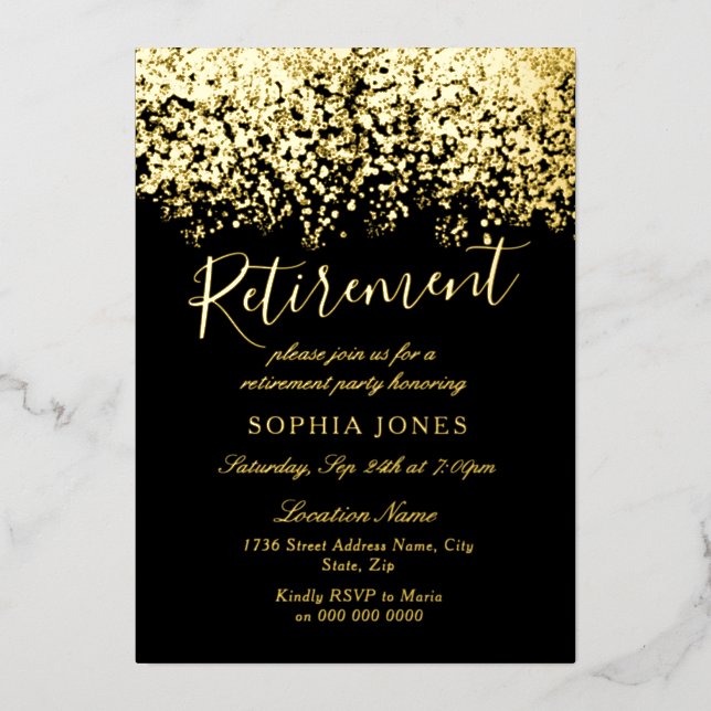 Gold Glitzer Black Retirement Party Real Gold Folieneinladung (Vorderseite)