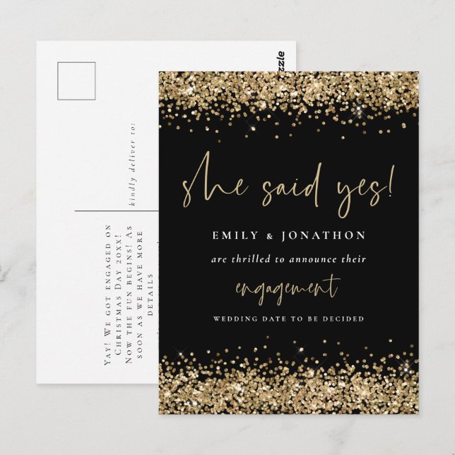 Gold Glitzer Black She Said Yes Verlobung Postkarte (Vorne/Hinten)