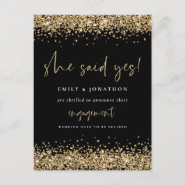 Gold Glitzer Black She Said Yes Verlobung Postkarte