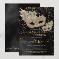 Gold Glitzer Black Silk Masquerade Birthday Invita