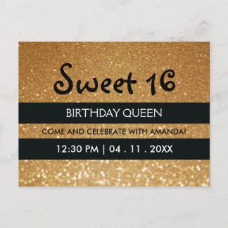 Gold Glitzer Black Stripes 16 . Geburtstag Geburts Einladungspostkarte