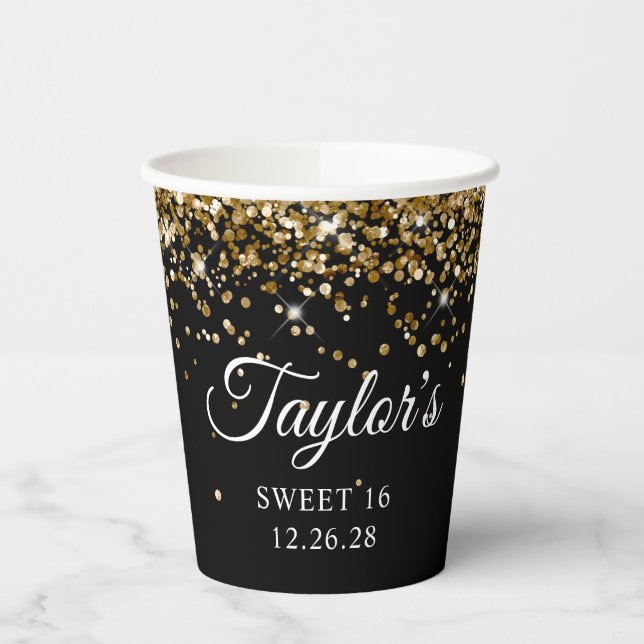 Gold Glitzer Black Sweet 16 Pappbecher (Links)