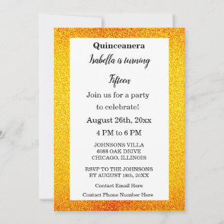 Gold Glitzer Black Text Quinceanera 15. Geburtstag Einladung