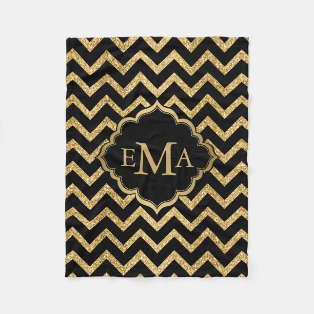 Gold Glitzer Black Zickzack Zigzag Muster Monogram Fleecedecke (Vorderseite)