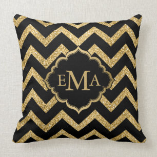 Gold Glitzer Black Zickzack Zigzag Muster Monogram Kissen