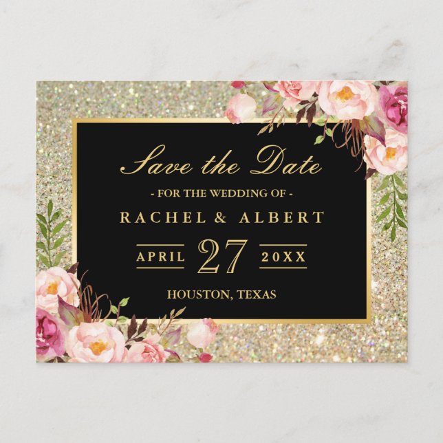 Gold Glitzer Bloral Wedding Save the Date Ankündigungspostkarte (Vorderseite)