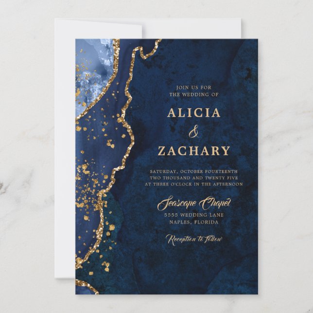Gold Glitzer Blue Agate Wedding Einladung (Vorderseite)