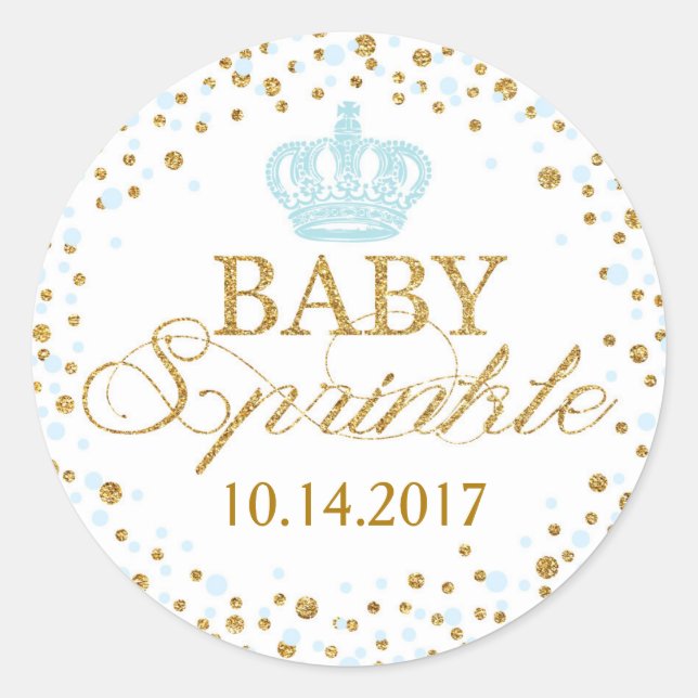 Gold Glitzer Blue Crown Royal Prince Baby Dusche Runder Aufkleber (Vorderseite)