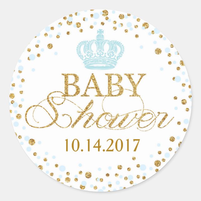 Gold Glitzer Blue Crown Royal Prince Baby Dusche Runder Aufkleber (Vorderseite)