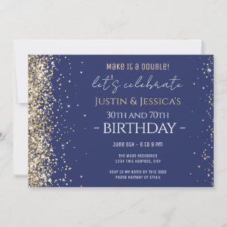 Gold Glitzer Blue Double Birthday Party Einladung
