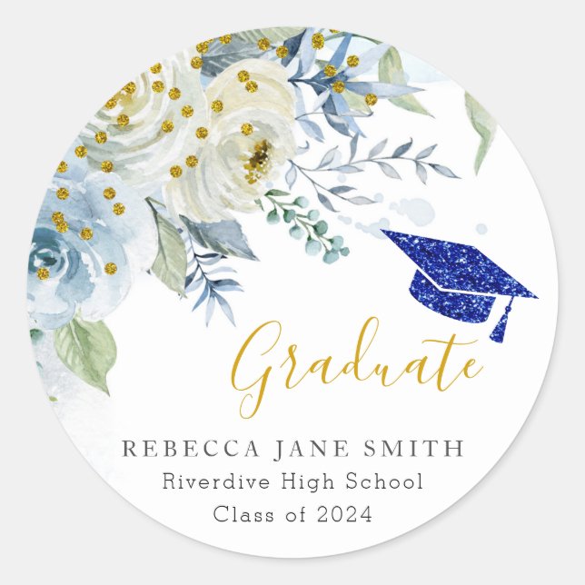 Gold Glitzer Blue Floral Abschluss Aufkleber (Vorderseite)