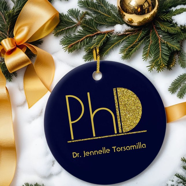 Gold Glitzer Blue PhD Abschluss Keramik Ornament (Get this keepsake ornament for your PhD graduate.)
