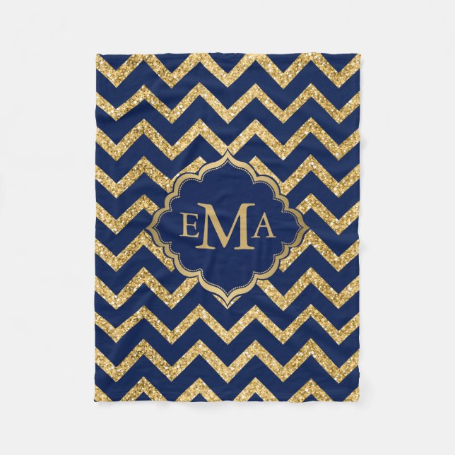 Gold Glitzer Blue Zickzack Zigzag Muster Monogram Fleecedecke (Vorderseite)