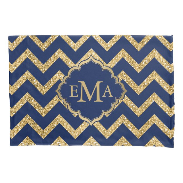 Gold Glitzer Blue Zickzack Zigzag Muster Monogram Kissenbezug (Vorderseite)