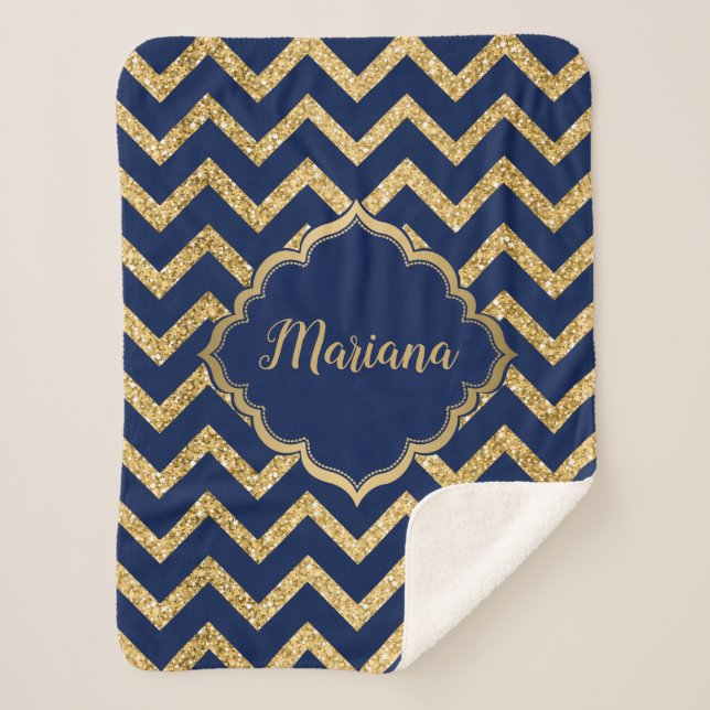 Gold Glitzer Blue Zickzack Zigzag Muster Sherpadecke (Vorderseite)