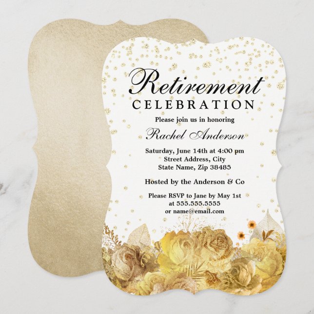Gold Glitzer Blume Rente Party Celebration Einladung (Vorne/Hinten)