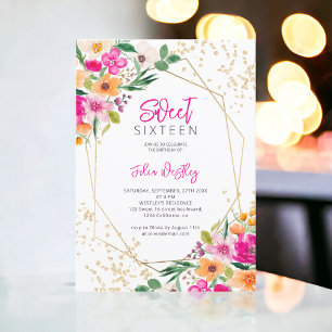 Gold Glitzer Blumenbild Foto Sweet 16 Einladung