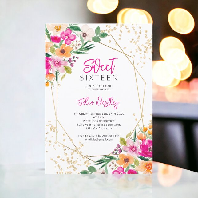 Gold Glitzer Blumenbild Foto Sweet 16 Einladung (Gold glitter floral illustration photo Sweet 16 Invitation)