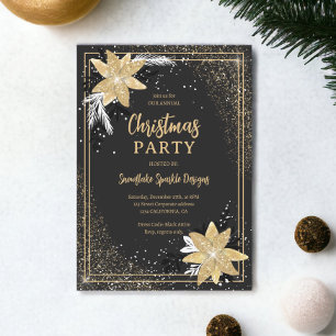 Gold Glitzer Blumengrau Weihnachten Einladung