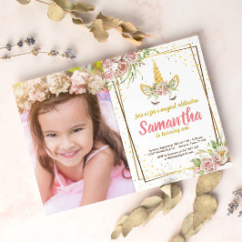Gold Glitzer | Blumenhorn Horn Birthday Foto Einladung