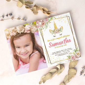 Gold Glitzer | Blumenhorn Horn Birthday Foto Einladung