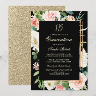 Gold Glitzer Blush Black Floral Quinceanera Einladung