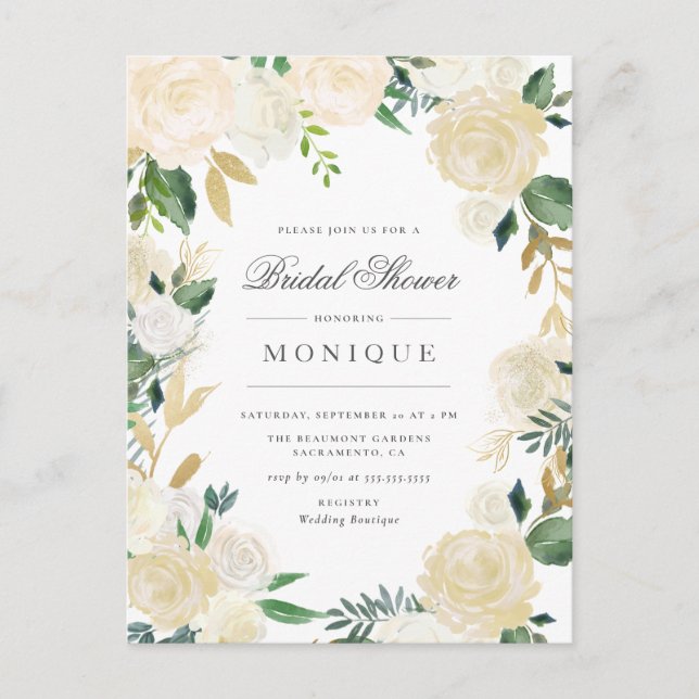 Gold Glitzer & Blush Elfenbeinblume Brautparty Einladungspostkarte (Vorderseite)