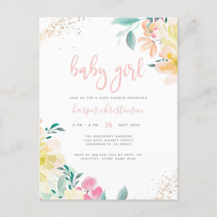 Gold Glitzer Blush Pink Blues Girl Babydusche Einladungspostkarte