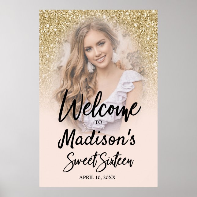 Gold Glitzer & Blush Pink Sweet 16 Foto Poster (Vorne)