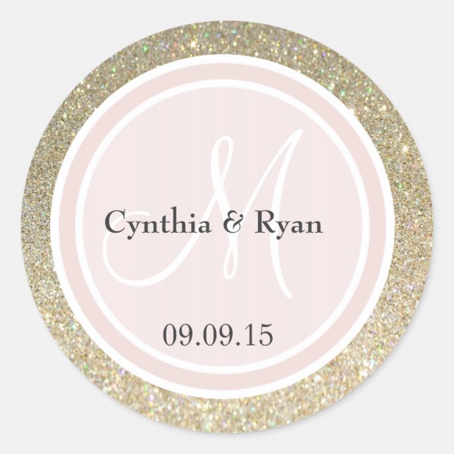 Gold Glitzer & Blush Pink Wedding Monogram Runder Aufkleber (Vorderseite)