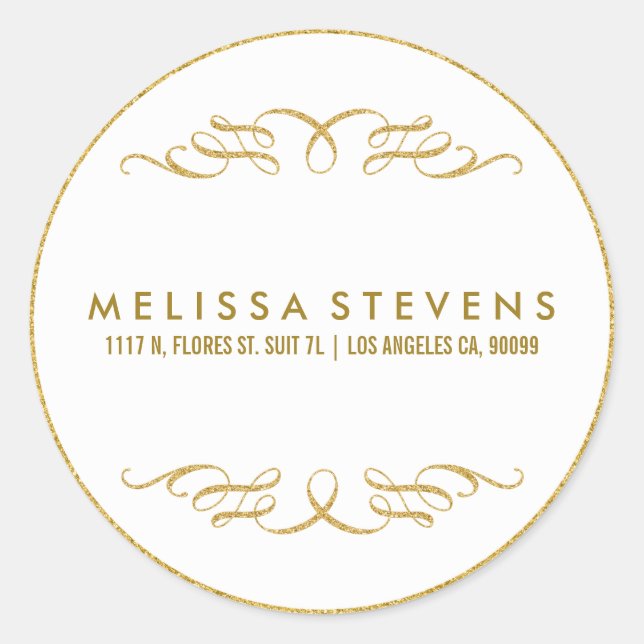Gold Glitzer Blütenrahmen Weiß Hintergrund Runder Aufkleber (Vorderseite)