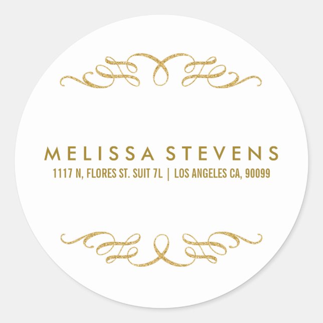 Gold Glitzer Blütenrahmen Weiß Hintergrund Runder Aufkleber (Vorderseite)