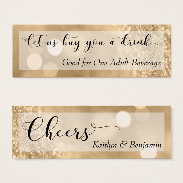 Gold Glitzer Bokeh Script Mini Drink Ticket (Vorne & Hinten)