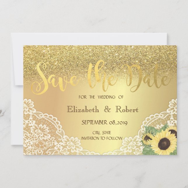 Gold Glitzer Bokeh, Spitze, Sonnenblume Save the D Date (Vorderseite)