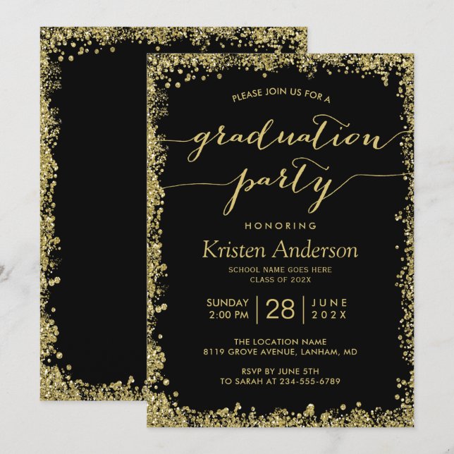 Gold-Glitzer-Border Typografy Graduation Party Einladung (Vorne/Hinten)